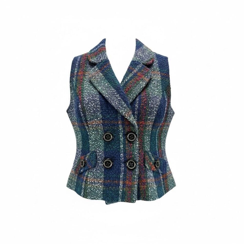 Cabi Tweed Plaid Vest M Blue Green Wool Blend Double Breasted Preppy Academic